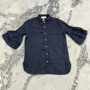 Also Linen Button‎ Front Blouse Womens Sz Large Blue Ruffle Sleeve Made in USA